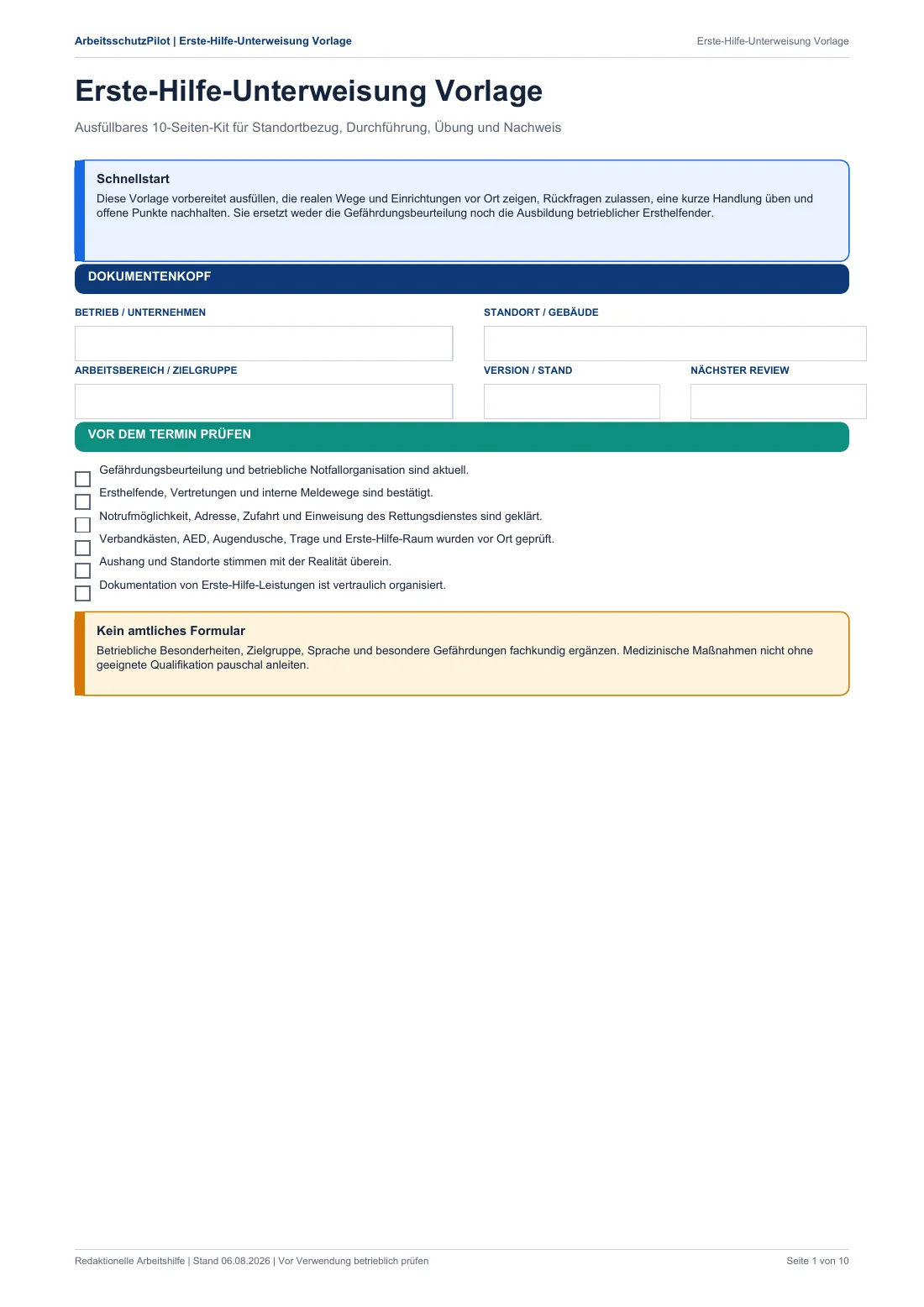 Vorschau der kostenlosen Erste-Hilfe-Unterweisung Vorlage mit Standortcheck und 10-Seiten-Ablauf