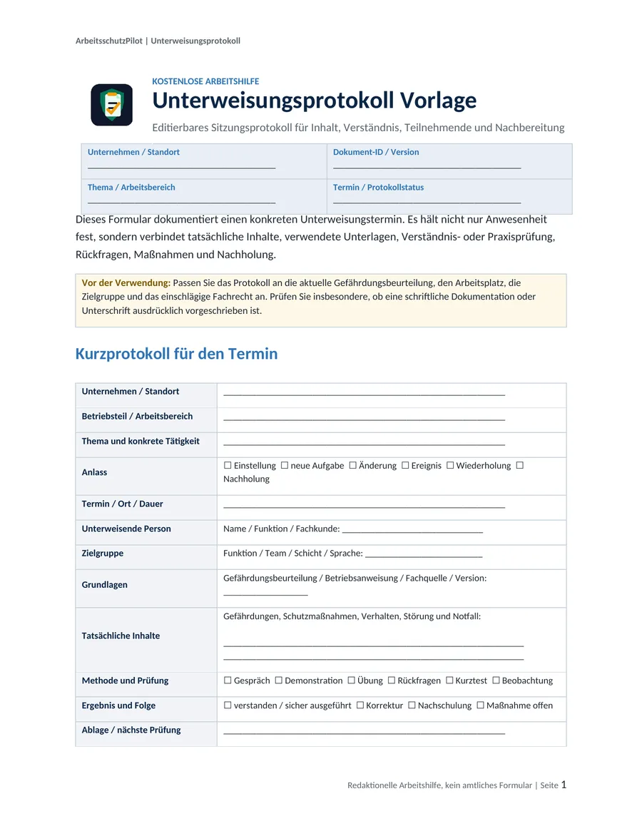 Vorschau der Unterweisungsprotokoll Vorlage mit Kurzprotokoll, Pflichtfeldern und Prüfschritten